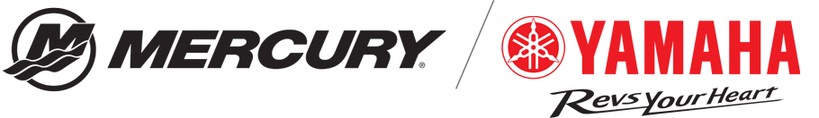 Mercury logo in black and Yamaha Motors logo in red separated by forward slash in middle