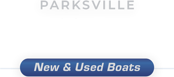 Parksville Boathouse logo with New & Used Boats banner in blue